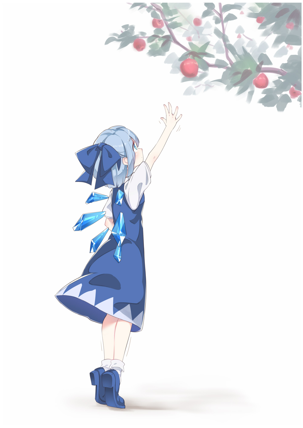 1girl apple arm_up asutora blue_bow blue_dress blue_eyes blue_footwear blue_hair blue_wings blush bow branch cirno commentary_request dress food fruit full_body hair_bow highres ice ice_wings leaf looking_up profile reaching_out shadow shoes short_hair short_sleeves simple_background socks solo standing tiptoes touhou white_background white_legwear wings
