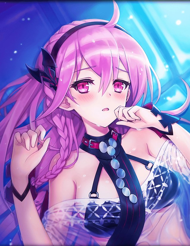 1girl artist_request black_killers_(phantom_of_the_kill) black_swimsuit blush breasts game_cg hair_ornament hairband long_hair medium_breasts official_art open_mouth phantom_of_the_kill pink_eyes pink_hair swimsuit tyrfing_(phantom_of_the_kill) very_long_hair wrist_cuffs