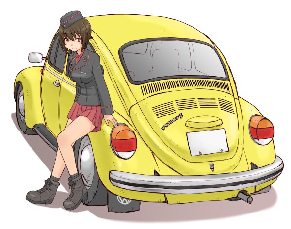 1girl ankle_boots bangs black_footwear black_hat black_jacket black_legwear boots brown_eyes brown_hair car closed_mouth commentary_request dress_shirt eyebrows_visible_through_hair garrison_cap girls_und_panzer ground_vehicle hat jacket kuromorimine_military_uniform leaning_against_vehicle long_sleeves looking_at_viewer military military_hat military_uniform miniskirt motor_vehicle nishizumi_maho pleated_skirt red_shirt red_skirt shadow shirt short_hair simple_background skirt smile socks solo standing uniform uona_telepin volkswagen_beetle white_background