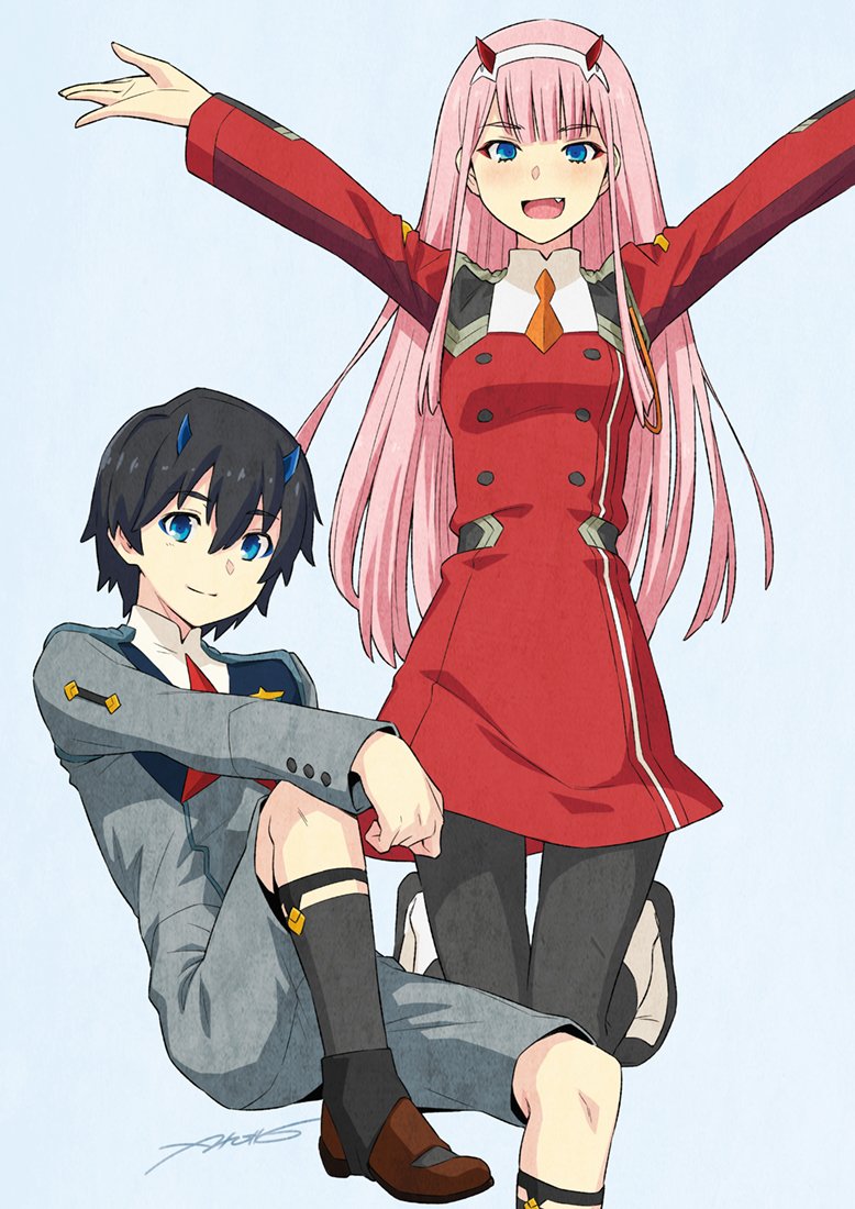 1boy 1girl black_hair black_legwear blue_background blue_eyes blue_horns darling_in_the_franxx eyebrows_visible_through_hair eyeshadow fang full_body green_eyes hairband hiro_(darling_in_the_franxx) horns kazuma_muramasa looking_at_viewer makeup oni_horns open_mouth orange_neckwear outstretched_arms pink_hair red_horns school_uniform signature simple_background sitting smile sock_garters straight_hair uniform white_hairband zero_two_(darling_in_the_franxx)