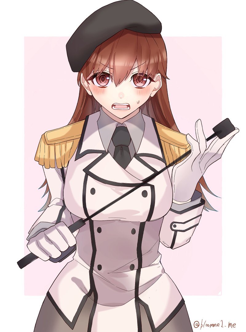1girl black_neckwear breasts brown_hair collared_shirt cosplay double-breasted epaulettes eyebrows_visible_through_hair gloves grey_shirt hair_between_eyes jacket kantai_collection katori_(kantai_collection) katori_(kantai_collection)_(cosplay) kozu_(bloomme1_me) large_breasts long_hair looking_at_viewer necktie ooi_(kantai_collection) open_mouth red_eyes riding_crop shirt simple_background solo twitter_username upper_body white_gloves