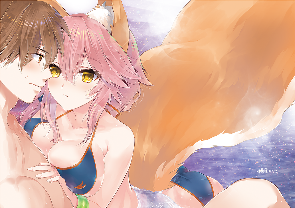 1boy 1girl animal_ears bikini blue_bikini blush breast_press breasts brown_eyes brown_hair cleavage collarbone fate/extella fate/extella_link fate/extra fate_(series) fox_ears fox_tail in_water inu_neko_inu kishinami_hakuno_(male) large_breasts pink_hair side-tie_bikini sweat swimsuit tail tamamo_(fate)_(all) tamamo_no_mae_(swimsuit_lancer)_(fate) yellow_eyes