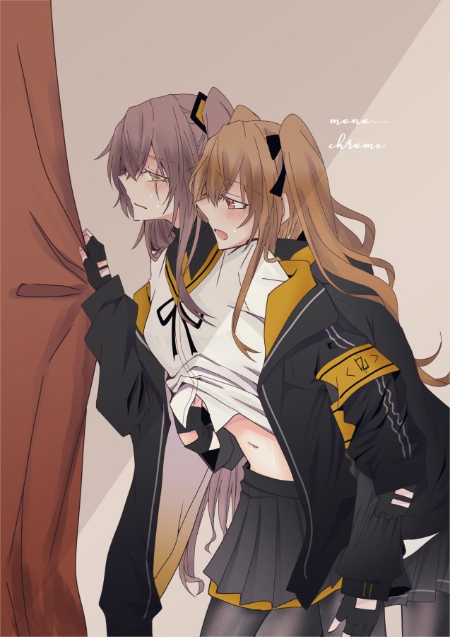 2girls blush brown_hair commentary_request girls_frontline grey_hair groping hand_under_clothes hand_under_shirt incest jacket monokuro_(sekahate) multiple_girls scar scar_across_eye shirt siblings sisters twins twintails ump45_(girls_frontline) ump9_(girls_frontline) yuri