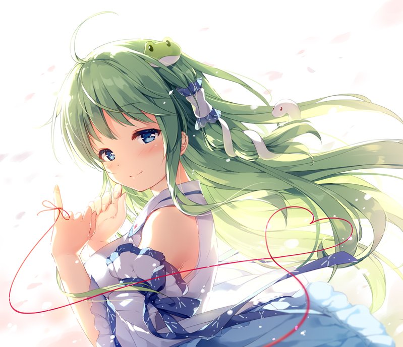 1girl ahoge arm_ribbon bare_shoulders blue_eyes blue_ribbon blush breasts commentary_request detached_sleeves eyebrows_visible_through_hair frilled_sleeves frills frog_hair_ornament from_side green_hair hair_blowing hair_ornament hair_tubes hands_up heart kochiya_sanae large_breasts long_hair long_sleeves looking_at_viewer miyase_mahiro petals pinky_out red_string ribbon seductive_smile shirt single_sidelock smile snake_hair_ornament solo string touhou upper_body white_background white_shirt wide_sleeves