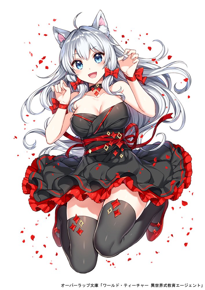 1girl animal_ears bangs bare_shoulders black_dress black_legwear blue_eyes breasts cat_ears cleavage collar collarbone commentary_request dress emilia_(world_teacher) eyebrows_visible_through_hair fingernails full_body long_hair medium_breasts nardack official_art open_mouth paw_pose petals ribbon short_dress silver_hair simple_background smile solo strapless thigh-highs white_background world_teacher_-isekaishiki_kyouiku_agent-