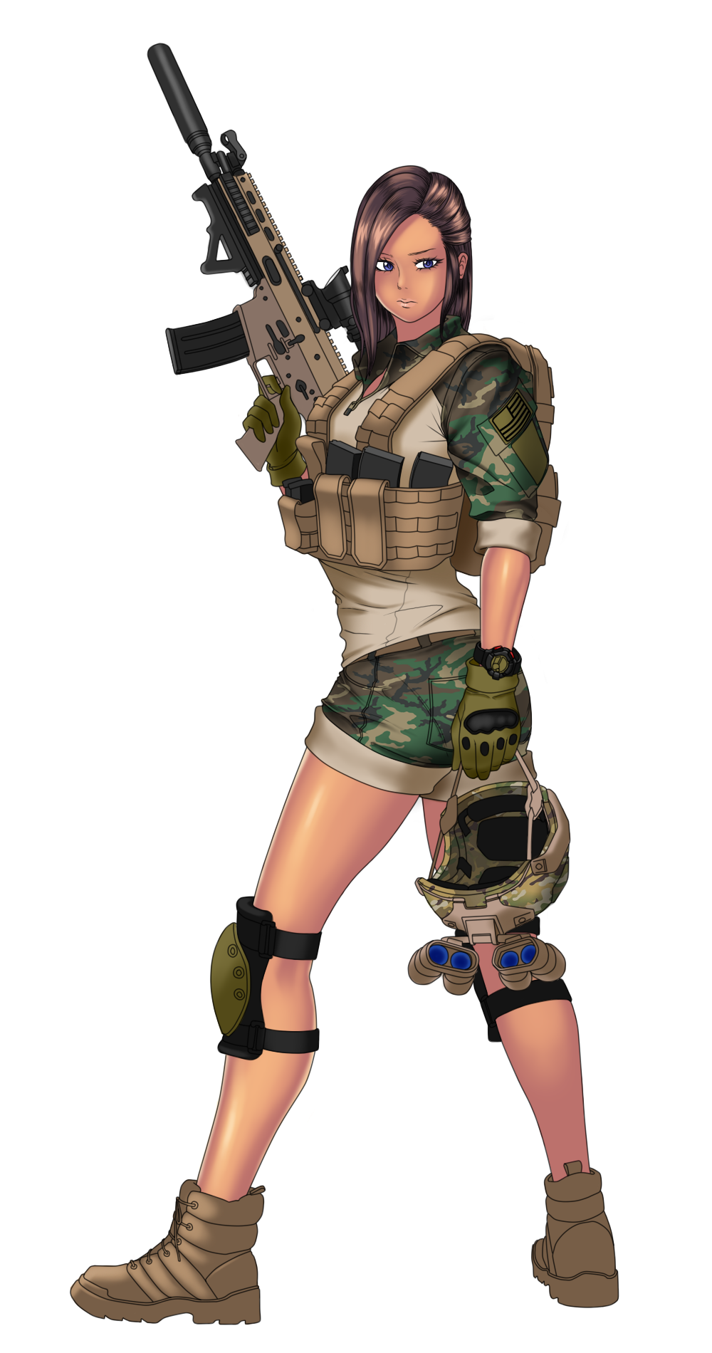 1girl assault_rifle dark_skin fn_scar gun highres marine_corps military military_operator military_uniform mk001black original rifle uniform weapon woodland_pattern