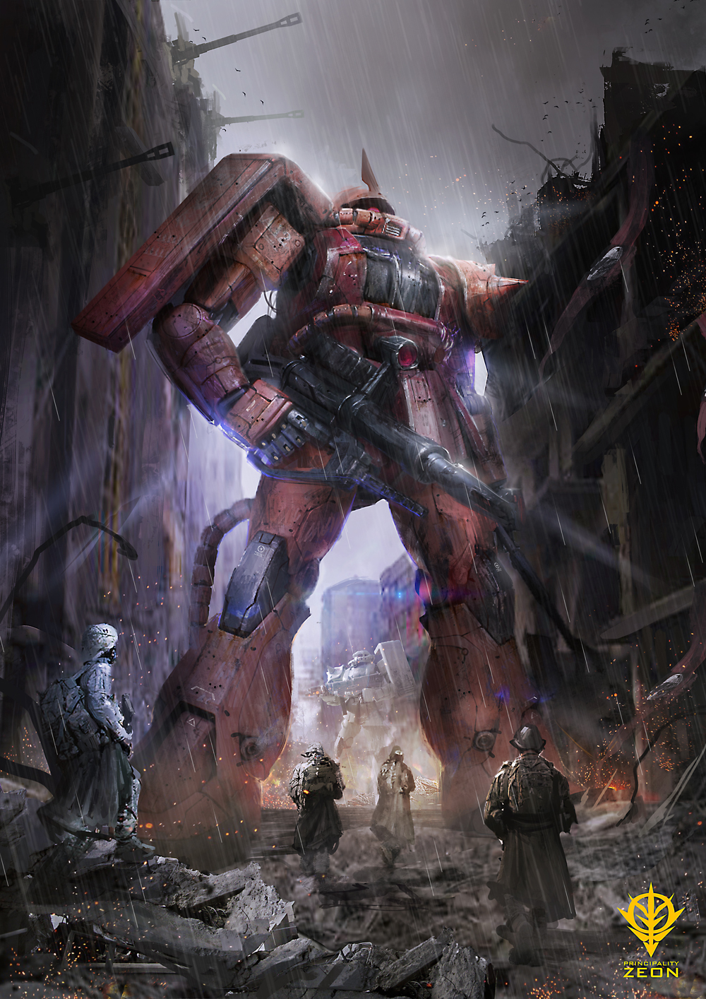 4boys assault_rifle backpack bag banner building cable cannon damaged daniel_kamarudin debris dirty emblem epic fire gun gundam helmet highres machine_gun mecha mobile_suit_gundam multiple_boys radio_antenna rain raincoat realistic rifle ruins science_fiction scope shield soldier spikes weapon wet zaku_ii zaku_ii_s_char_custom zeon