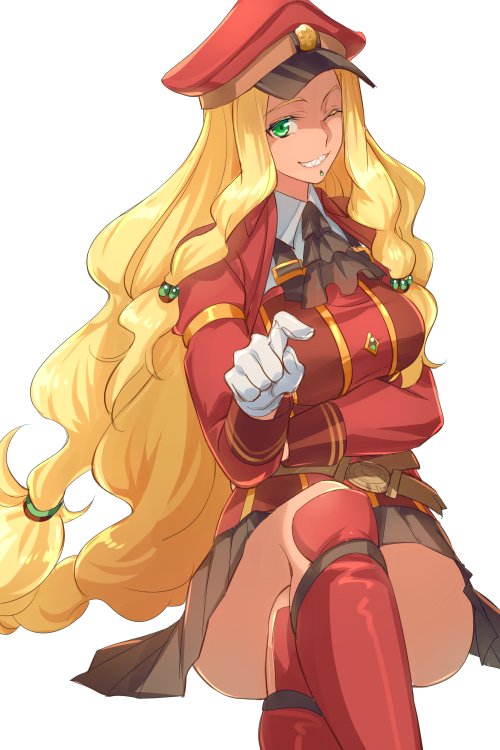 1girl blonde_hair cis05 fate/grand_order fate_(series) gloves green_eyes grin hat legs_crossed long_hair low-tied_long_hair military_hat one_eye_closed pointing pointing_at_viewer quetzalcoatl_(fate/grand_order) sharp_teeth sitting smile teeth uniform very_long_hair white_gloves