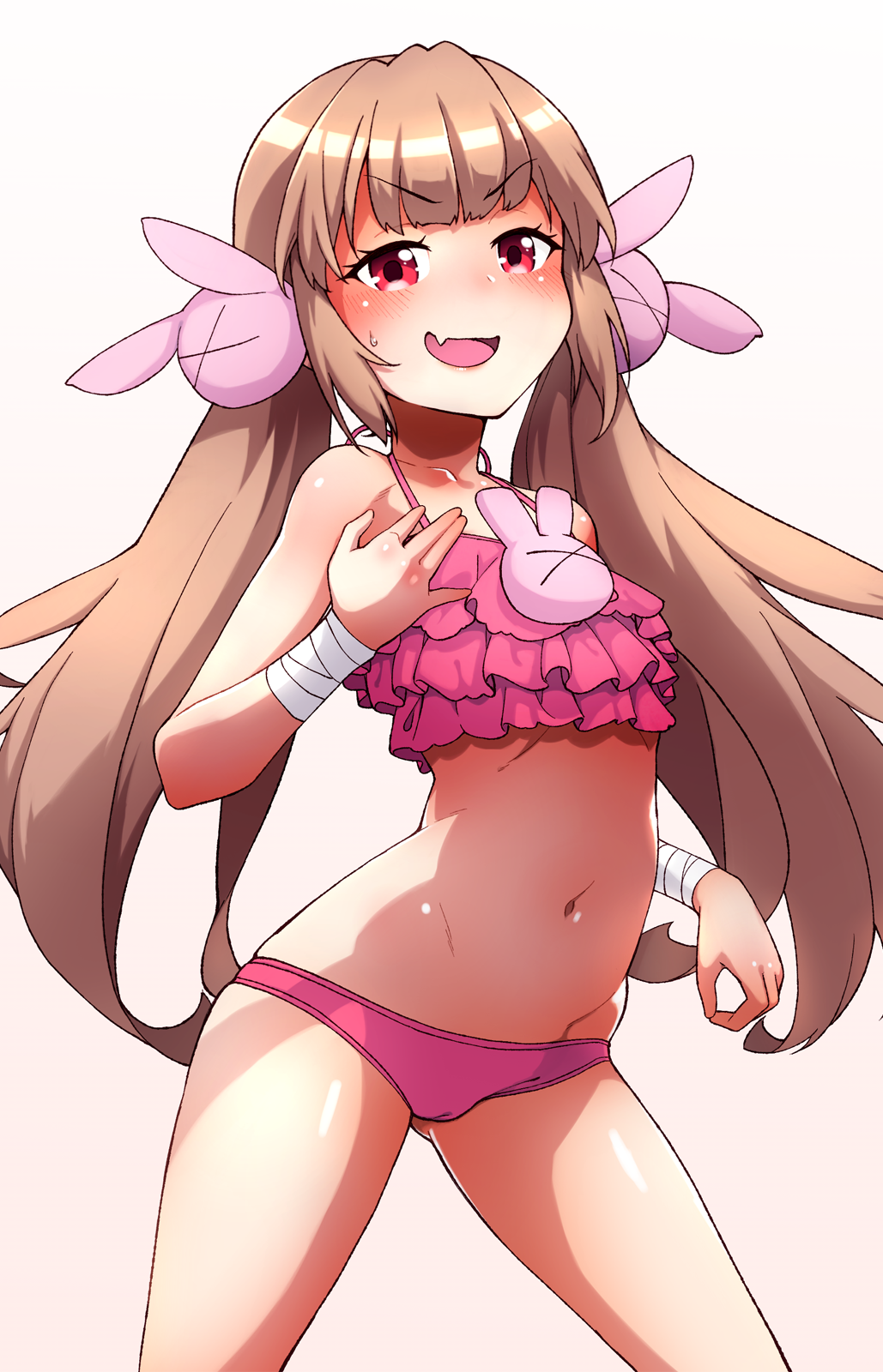 1girl alternate_costume bikini blush brown_hair bunny_hair_ornament eyebrows_visible_through_hair fang frilled_bikini frills gradient hair_ornament hayashi_keita highres long_hair looking_at_viewer natori_sana navel open_mouth pink_background pink_bikini red_eyes sana_channel smile solo standing swimsuit twintails virtual_youtuber white_background