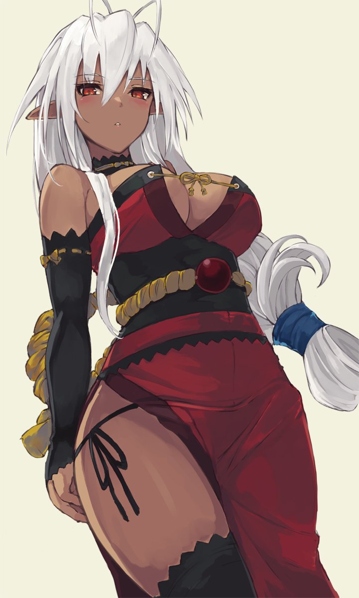 1girl antenna_hair bare_shoulders black_legwear black_panties blush breasts cowboy_shot cradle_(2849) dark_elf dark_skin detached_collar detached_sleeves elf fingerless_gloves gloves highres large_breasts long_hair looking_at_viewer low-tied_long_hair obi panties pointy_ears sandals sansei_muramasa sash side-tie_panties side_slit simple_background solo soukou_akki_muramasa string_panties thigh-highs underwear very_long_hair white_hair yellow_eyes