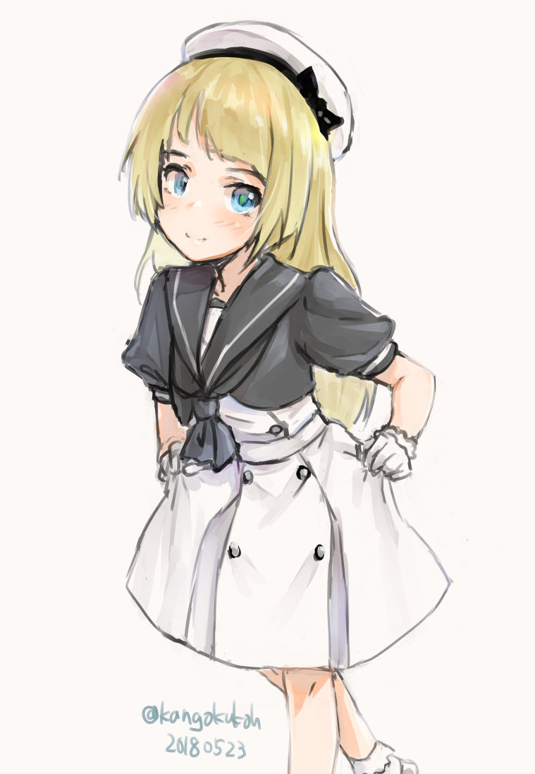 1girl blonde_hair blue_eyes blue_sailor_collar dated dress feet_out_of_frame gloves hand_on_hip hat jervis_(kantai_collection) kangoku_kou kantai_collection long_hair looking_at_viewer sailor_collar sailor_dress sailor_hat short_sleeves simple_background solo twitter_username white_background white_dress white_gloves white_hat