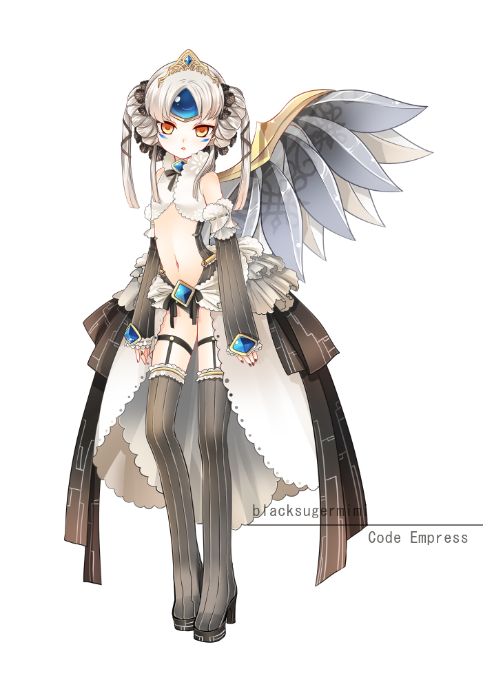 1girl code:_empress_(elsword) crown detached_sleeves elsword eve_(elsword) facial_mark forehead_jewel kokutou_mimi long_sleeves looking_at_viewer navel skirt solo standing tagme white_background wings yellow_eyes