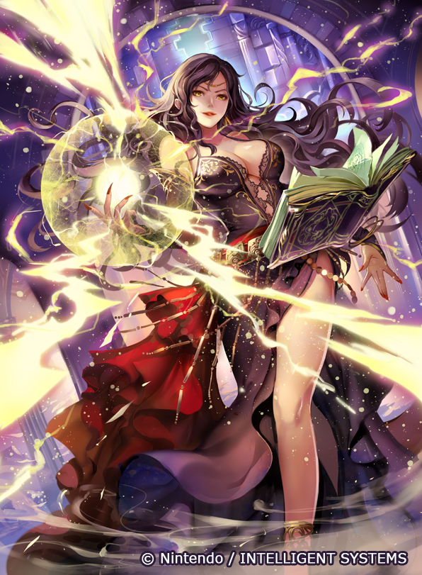 1girl bare_shoulders black_dress black_hair book bracelet breasts bridal_gauntlets circlet cleavage commentary_request company_connection copyright_name dress evil_smile fingernails fire_emblem fire_emblem:_rekka_no_ken fire_emblem_cipher indoors jewelry konfuzikokon large_breasts lightning lipstick long_fingernails long_hair looking_at_viewer magic makeup nail_polish official_art open_book pale_skin parted_lips side_slit smile solo sonia_(fire_emblem) yellow_eyes