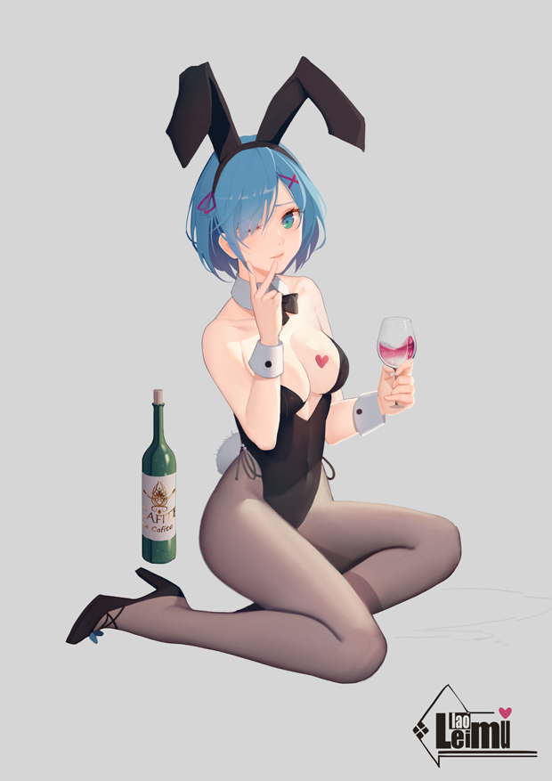 1girl alcohol animal_ears bare_shoulders black_legwear blue_eyes blue_hair bottle bow bowtie breasts bunnysuit cleavage cup detached_collar drinking_glass hair_ornament hairclip high_heels looking_at_viewer one_eye_closed pantyhose rabbit_ears re:zero_kara_hajimeru_isekai_seikatsu rem_(re:zero) sitting smile solo soulkiller wine wine_glass yokozuwari