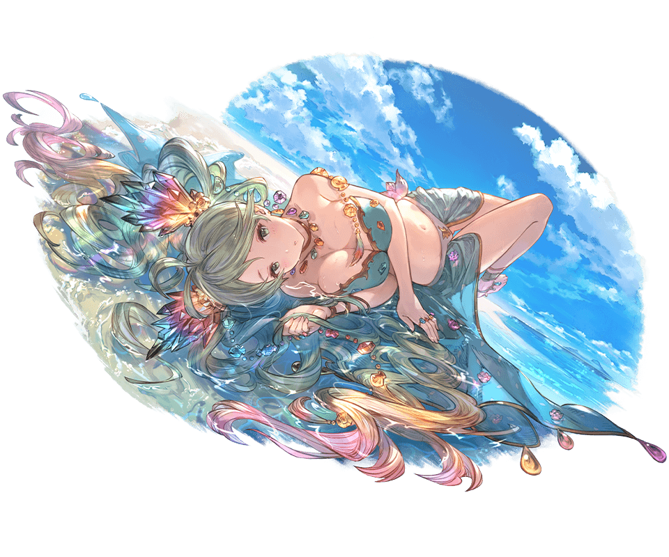 1girl antenna_hair bangs bare_shoulders barefoot bikini blue_sky blush breasts choker cleavage clouds crystal day de_la_fille earrings granblue_fantasy green_eyes green_hair hair_ornament jewelry large_breasts long_hair looking_at_viewer lying minaba_hideo multicolored_hair navel ocean official_art outdoors parted_lips ring sky solo swimsuit transparent_background twintails water wet