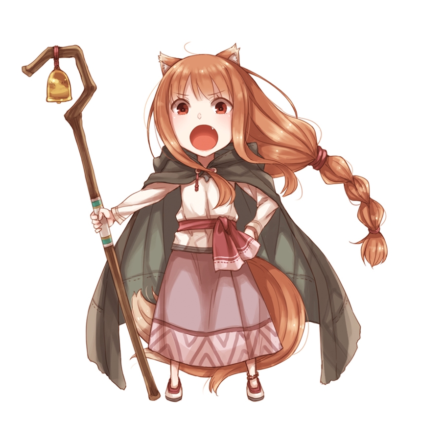 1girl animal_ears ayakura_juu bell braid brown_cape brown_hair chibi eyebrows_visible_through_hair fang full_body hand_on_hip holding holding_staff holo long_hair long_skirt looking_at_viewer low-tied_long_hair novel_illustration official_art open_mouth ponytail purple_skirt red_eyes shepherd shirt simple_background single_braid skirt solo spice_and_wolf staff standing tail very_long_hair white_background white_shirt wolf_ears wolf_tail