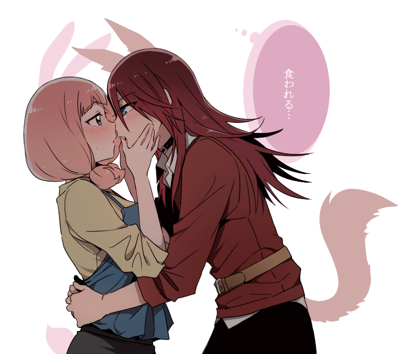 2girls animal_ears bang_dream! bangs belt black_collar blush bunny_tail eye_contact face-to-face from_side hands_on_another's_face hug long_hair long_sleeves looking_at_another low_twintails medium_hair multiple_girls open_mouth pink_hair rabbit_ears re_ghotion red_shirt redhead shirt sweatdrop tail translated twintails udagawa_tomoe uehara_himari white_background wolf_ears wolf_tail yellow_shirt yuri
