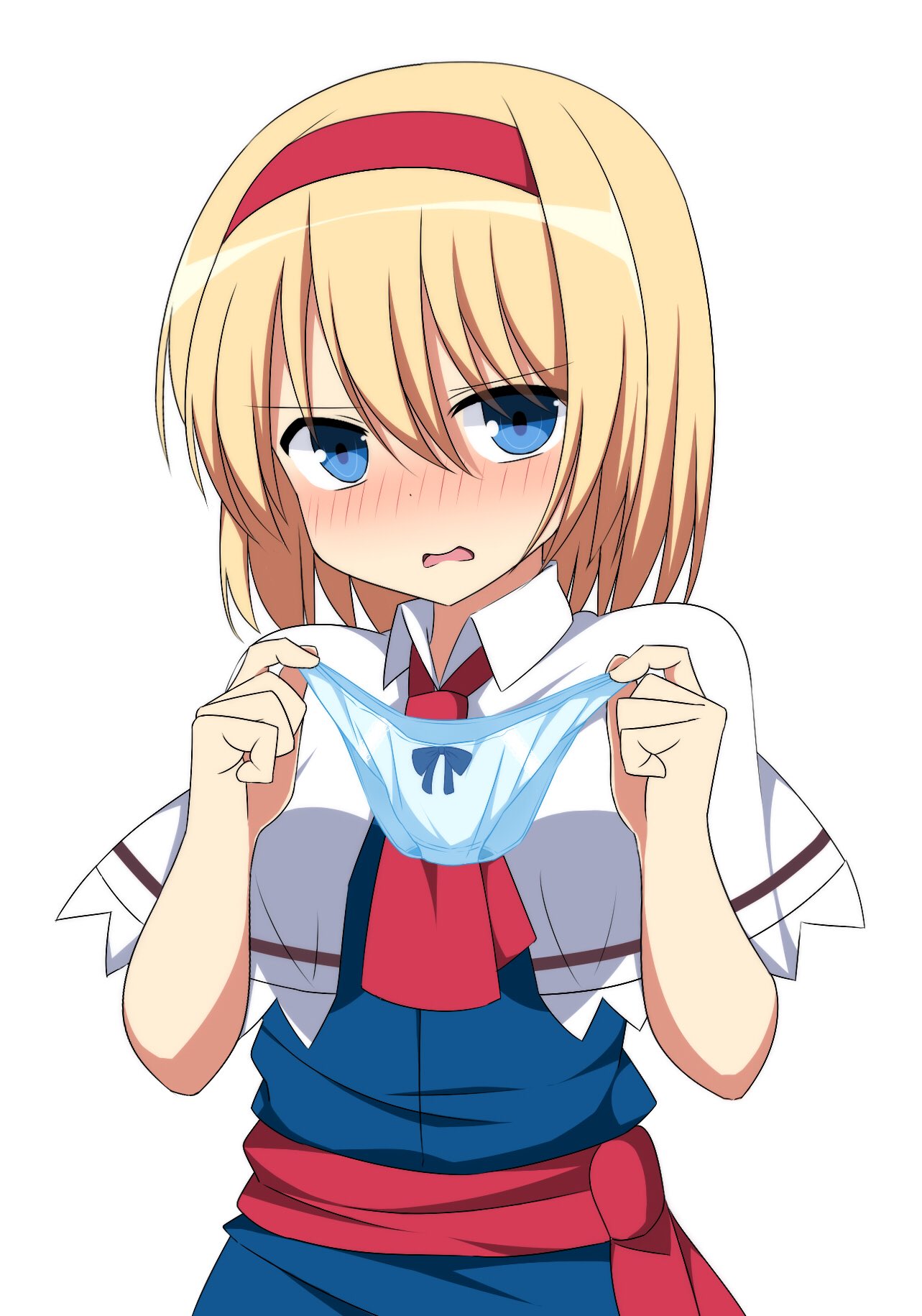 1girl alice_margatroid ascot blonde_hair blue_bow blue_dress blue_eyes blue_panties blush bow bow_panties capelet commentary_request dress enushi_(toho193) eyebrows_visible_through_hair hair_between_eyes hairband hands_up highres holding holding_panties looking_at_viewer nose_blush open_mouth panties red_hairband red_neckwear red_sash sash short_hair simple_background solo touhou underwear upper_body white_background white_capelet wing_collar