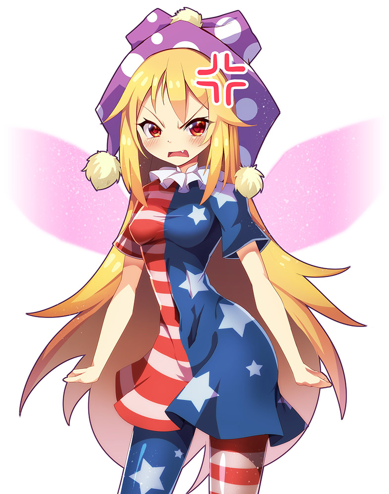 1girl american_flag_dress american_flag_legwear anger_vein angry blonde_hair blush breasts clenched_hands clownpiece commentary_request covered_navel cowboy_shot dress fairy_wings fang hat jester_cap long_hair neck_ruff open_mouth pantyhose polka_dot_hat pom_pom_(clothes) purple_hat red_eyes short_dress short_sleeves simple_background small_breasts solo standing star star_print striped striped_dress thighs touhou v-shaped_eyebrows very_long_hair white_background wings z.o.b