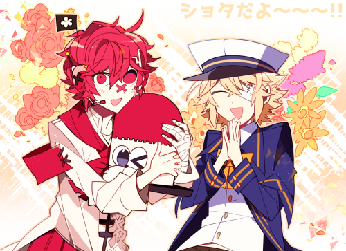 2boys bandage bandage_over_one_eye blonde_hair coat fukase hat hat_removed head_flag headwear_removed lowres male_focus multiple_boys oliver_(vocaloid) pale_skin red_eyes redhead sailor_collar sailor_hat smile top_hat uoshi_(uoshi777) upper_body vocaloid