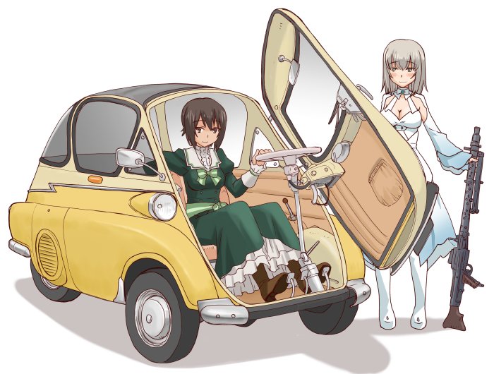 2girls blue_eyes bmw_isetta boots breasts brown_eyes brown_footwear brown_hair car cleavage closed_mouth commentary_request cosplay dress eyebrows_visible_through_hair girls_und_panzer green_dress ground_vehicle gun holding holding_weapon itsumi_erika izetta izetta_(cosplay) long_dress long_sleeves machine_gun medium_breasts motor_vehicle multiple_girls nishizumi_maho ortfine_fredericka_von_eylstadt ortfine_fredericka_von_eylstadt_(cosplay) petticoat shadow shuumatsu_no_izetta silver_hair simple_background sitting smile standing uona_telepin weapon weapon_request white_background white_dress white_footwear