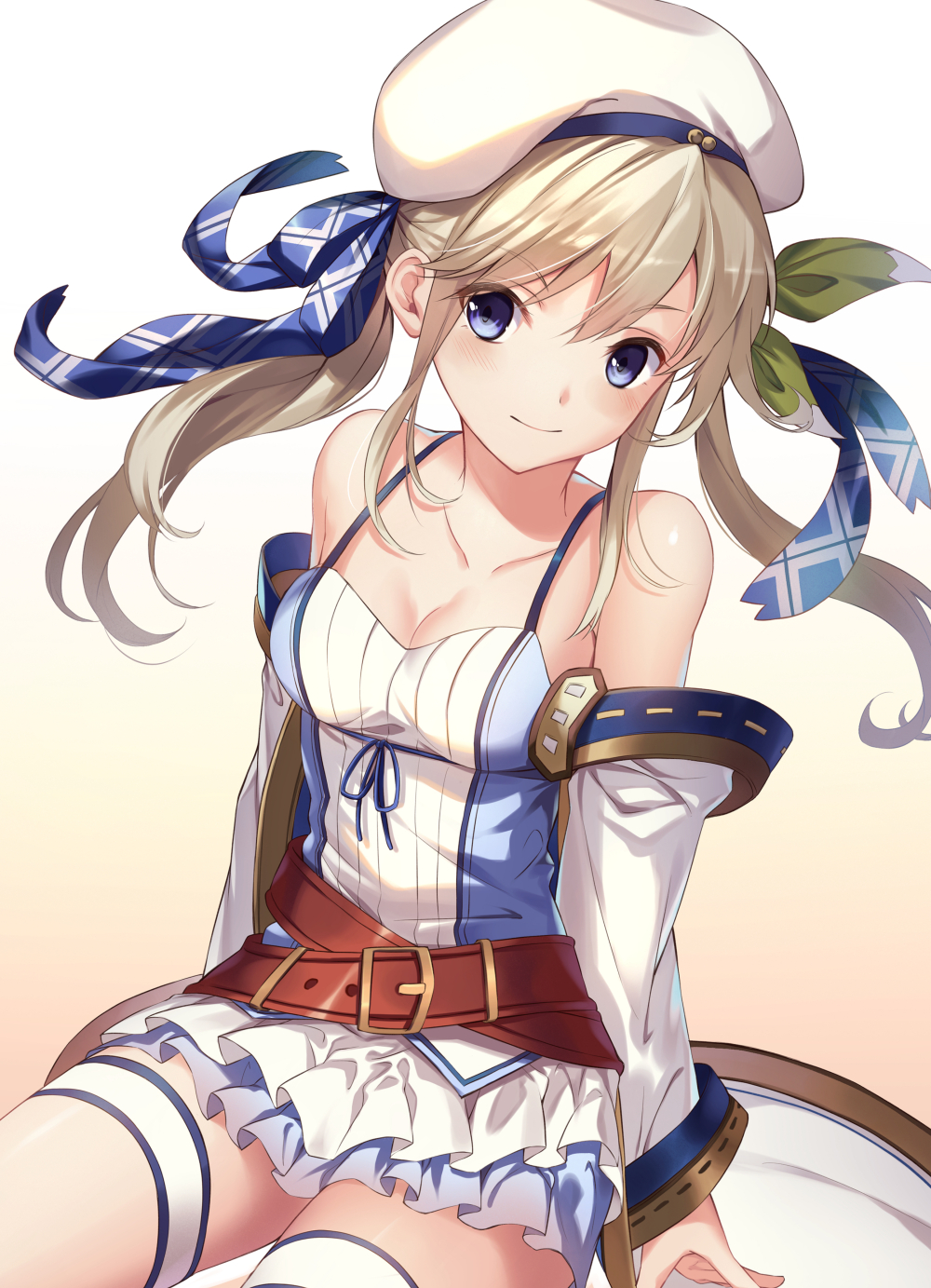 1girl akanebi belt blonde_hair blue_eyes blue_ribbon breasts cleavage collarbone cucouroux_(granblue_fantasy) eyebrows_visible_through_hair floating_hair granblue_fantasy green_ribbon hair_between_eyes hair_ribbon hat highres layered_skirt long_hair looking_at_viewer medium_breasts miniskirt pleated_skirt rei_no_himo ribbon shiny shiny_skin shirt simple_background sitting skirt sleeveless sleeveless_shirt smile solo thigh_strap twintails white_background white_hat