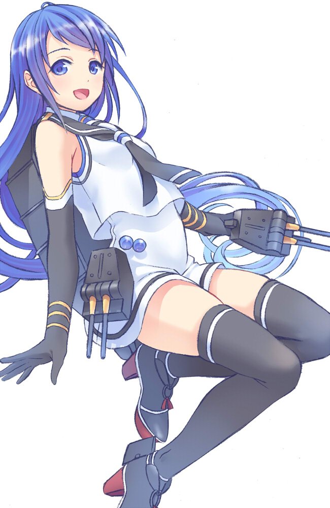 1girl bangs black_gloves black_legwear black_neckwear blue_eyes blue_hair bow bowtie cannon elbow_gloves full_body gloves gradient_hair kantai_collection long_hair looking_at_viewer machinery multicolored_hair neckerchief open_mouth sailor_collar samidare_(kantai_collection) school_uniform serafuku shin_(yo_sin6) shirt simple_background sleeveless sleeveless_shirt smile solo swept_bangs thigh-highs turret very_long_hair white_background