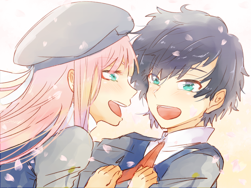 1boy 1girl bangs black_hair blue_eyes commentary_request couple darling_in_the_franxx eyebrows_visible_through_hair green_eyes grey_hat hands_on_another's_chest hat hetero hiro_(darling_in_the_franxx) long_hair long_sleeves looking_at_another military military_uniform necktie open_mouth peaked_cap petals pink_hair red_neckwear short_hair temaroppu_(ppp_10cc) uniform zero_two_(darling_in_the_franxx)