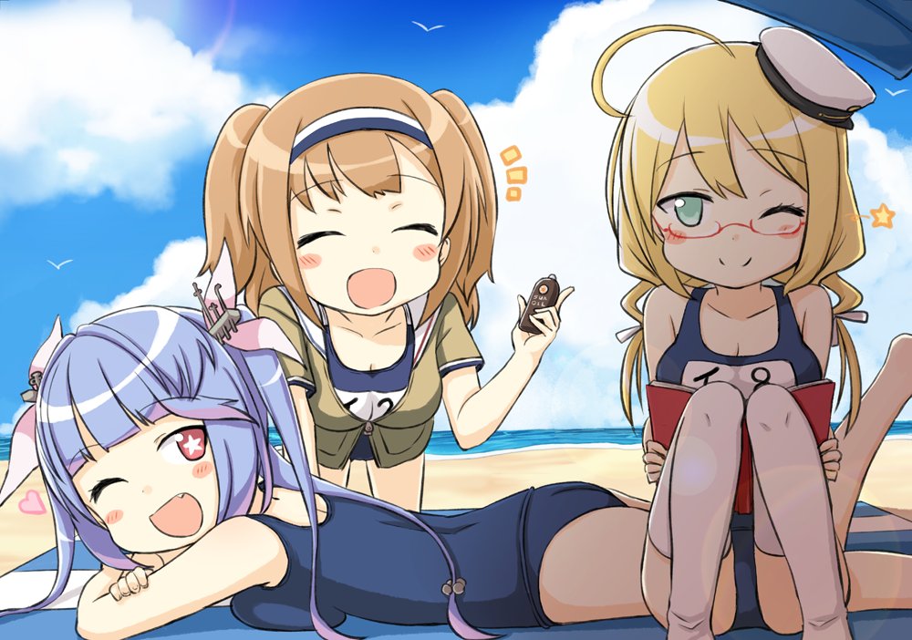 3girls all_fours beach blonde_hair blue_hair blue_sky blue_swimsuit bottle breasts clouds day engiyoshi facing_viewer full_body glasses green_eyes hair_ribbon hairband hat i-19_(kantai_collection) i-26_(kantai_collection) i-8_(kantai_collection) kantai_collection large_breasts light_brown_eyes light_brown_hair long_hair looking_at_viewer lotion low_twintails lying multiple_girls name_tag on_stomach one-piece_swimsuit one_eye_closed outdoors peaked_cap red-framed_eyewear red_eyes ribbon sailor_collar sailor_hat school_swimsuit semi-rimless_eyewear short_sleeves sitting sky smile star star-shaped_pupils sunscreen swimsuit swimsuit_under_clothes symbol-shaped_pupils thigh-highs tri_tails twintails two-tone_hairband two_side_up under-rim_eyewear white_legwear white_sailor_collar