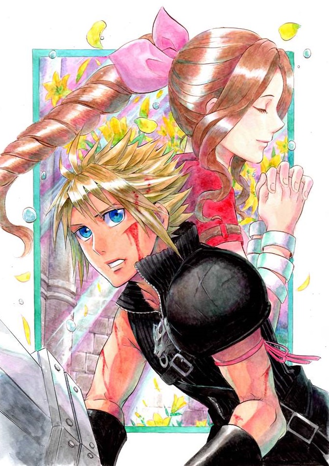 1boy 1girl aerith_gainsborough blonde_hair blue_eyes bow braid brown_hair buster_sword cloud_strife commentary_request cropped_jacket final_fantasy final_fantasy_vii final_fantasy_vii_advent_children gloves hair_ribbon long_hair pink_bow ponytail ribbon short_hair single_braid sio2_(nisankakeiso) smile spiky_hair sword weapon