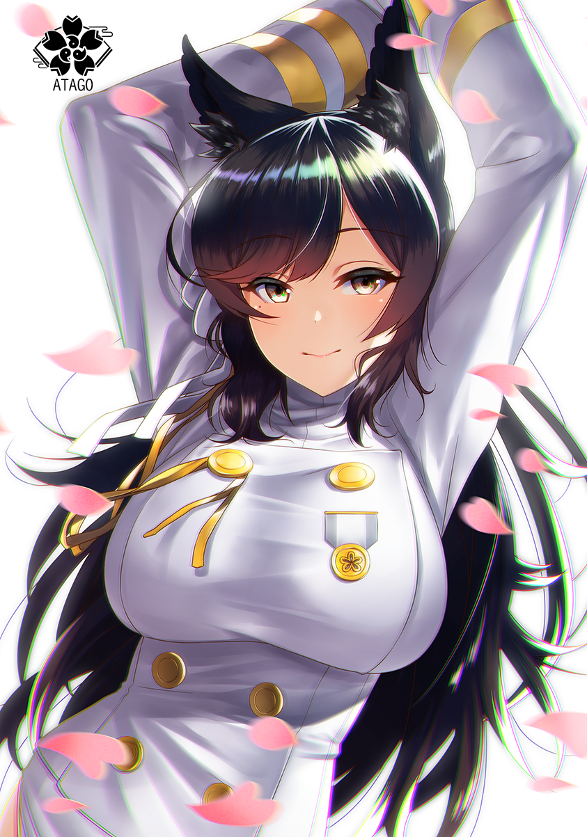 1girl animal_ears arms_up atago_(azur_lane) azur_lane black_hair breasts character_name chromatic_aberration commentary_request dog_ears highres kagiyama_(gen'ei_no_hasha) large_breasts logo long_hair long_sleeves looking_at_viewer medal military military_uniform mole mole_under_eye petals simple_background smile solo uniform upper_body white_background yellow_eyes