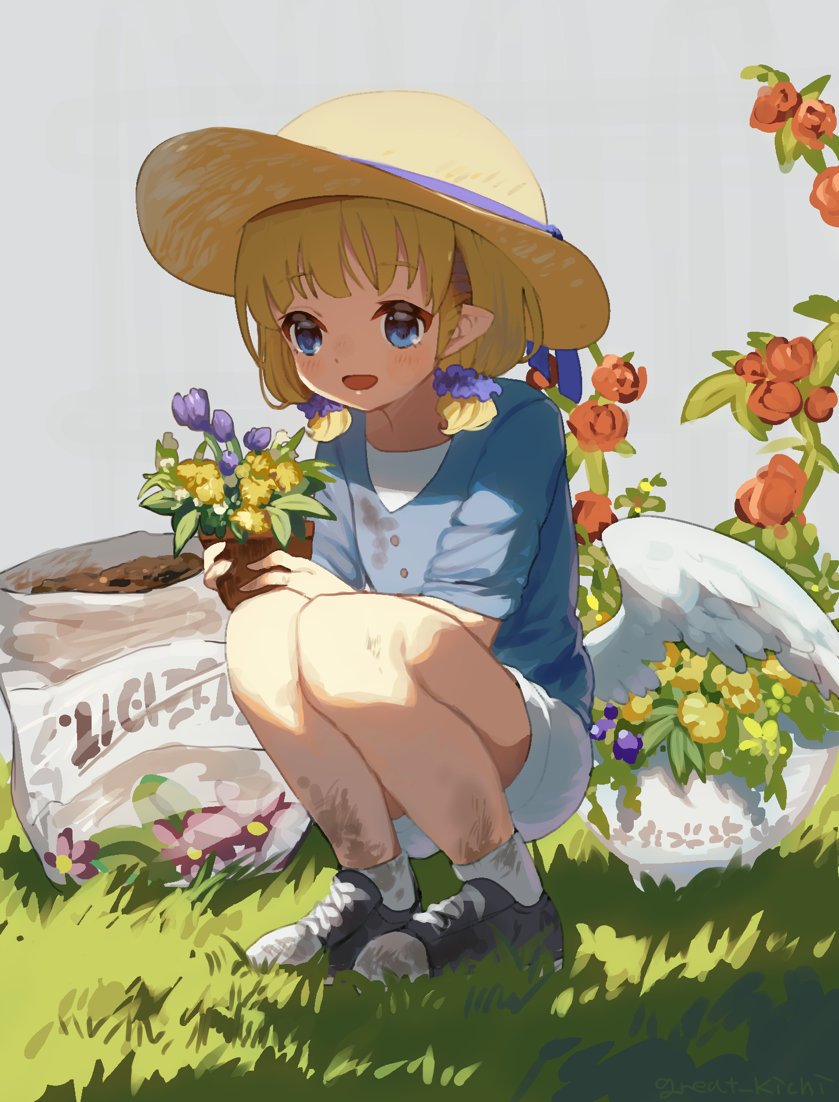 1girl angel angel_wings blonde_hair blue_eyes blush dirty_clothes flower garden great_kichi halo hat misty_sheikh open_mouth pointy_ears pop-up_story shoes short_hair smile sneakers sun_hat wings