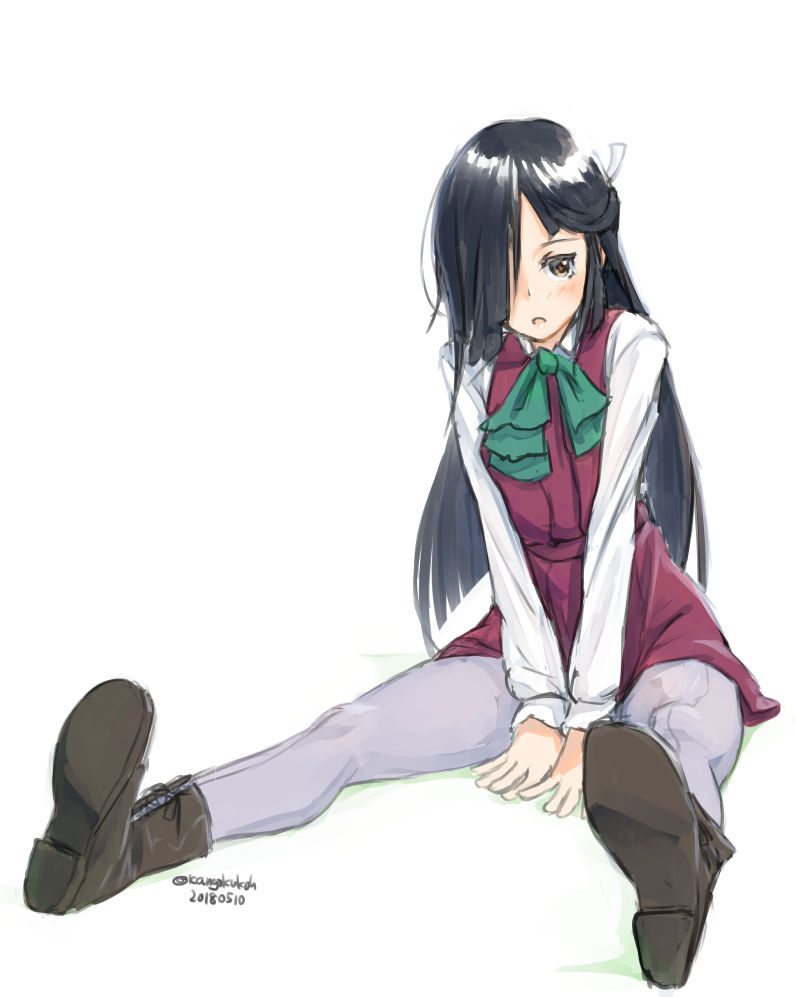 1girl black_footwear black_hair boots bow bowtie cross-laced_footwear dated full_body grey_legwear hair_over_one_eye hair_ribbon halterneck hayashimo_(kantai_collection) kangoku_kou kantai_collection lace-up_boots long_hair pantyhose ribbon school_uniform shirt simple_background sitting solo twitter_username very_long_hair white_background white_shirt