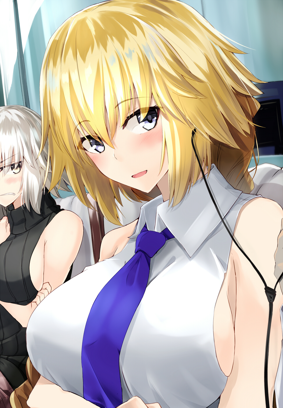 2girls bare_shoulders between_breasts black_sweater blonde_hair blue_eyes blush braid breasts casual commentary_request earphones eyebrows_visible_through_hair fate/apocrypha fate/grand_order fate_(series) highres jealous jeanne_d'arc_(alter)_(fate) jeanne_d'arc_(fate) jeanne_d'arc_(fate)_(all) large_breasts long_hair multiple_girls necktie necktie_between_breasts ninoude_(ninoude44) open_mouth ribbed_sweater shared_earphones short_hair sideboob silver_hair single_braid smile sweater turtleneck turtleneck_sweater very_long_hair yellow_eyes