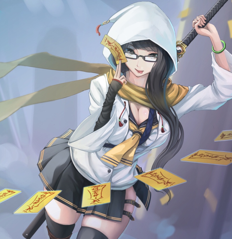 1girl :p arm_up arm_warmers black_eyes black_hair bracelet breasts cleavage dutch_angle glasses holding holding_sword holding_weapon hood hood_up hooded_jacket jacket jewelry kikivi large_breasts long_hair looking_at_viewer ofuda original pleated_skirt school_uniform serafuku side_slit skirt solo sword thigh-highs thigh_strap tongue tongue_out weapon