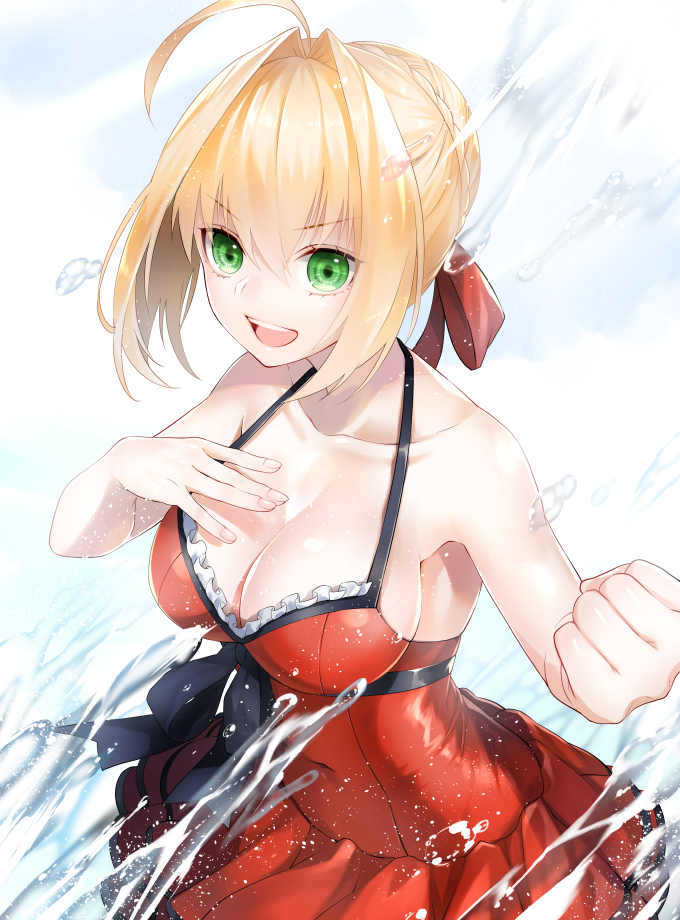 1girl :d ahoge armpits bangs bare_arms bare_shoulders blonde_hair braid breasts cleavage clenched_hand collarbone commentary_request eyebrows_visible_through_hair fate/extra fate/grand_order fate_(series) fingernails french_braid frills green_eyes hair_between_eyes hair_bun hair_intakes hair_ribbon hand_on_own_chest hands_up large_breasts looking_at_viewer nero_claudius_(fate)_(all) nero_claudius_(swimsuit_caster)_(fate) open_mouth red_ribbon red_swimsuit ribbon saber_extra shiny shiny_hair short_hair sidelocks smile solo swimsuit upper_teeth v-shaped_eyebrows waka_(shark_waka) water