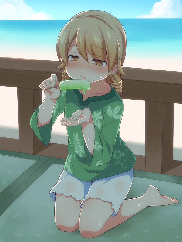 1girl @_@ bangs barefoot beach blue_sky blush brown_eyes clouds commentary_request day eyebrows_visible_through_hair food green_shirt hair_between_eyes holding holding_food horizon idolmaster idolmaster_cinderella_girls kneeling leaf_print light_brown_hair long_hair long_sleeves morikubo_nono nose_blush ocean outdoors parted_lips popsicle print_shirt sand shirt short_shorts shorts sky solo sweat tongue tongue_out ushi water white_shorts wide_sleeves