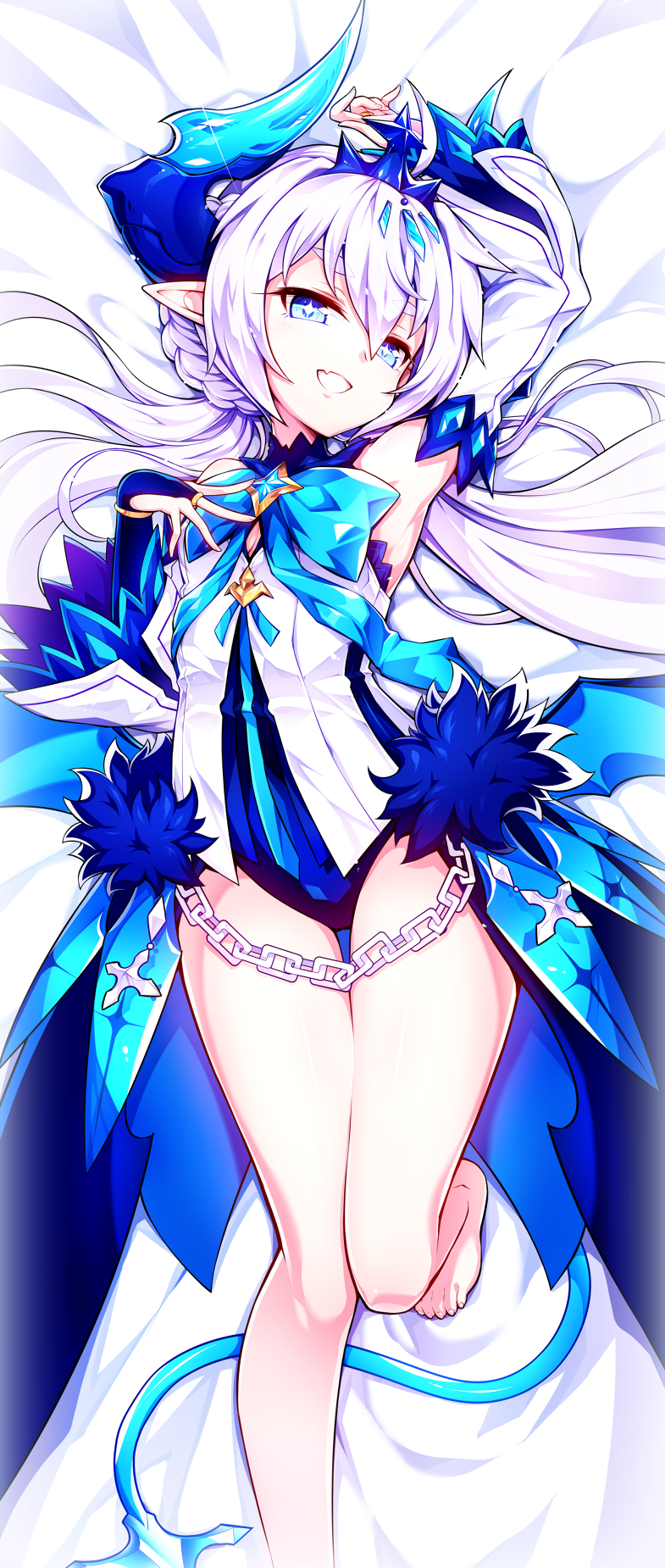 1girl armpits bare_legs bare_shoulders barefoot bed_sheet blue_eyes detached_sleeves elsword eyebrows_visible_through_hair fang highres horns long_hair luciela_r._sourcream noblesse_(elsword) open_mouth pointy_ears poseich smile solo symbol-shaped_pupils tail twintails white_hair