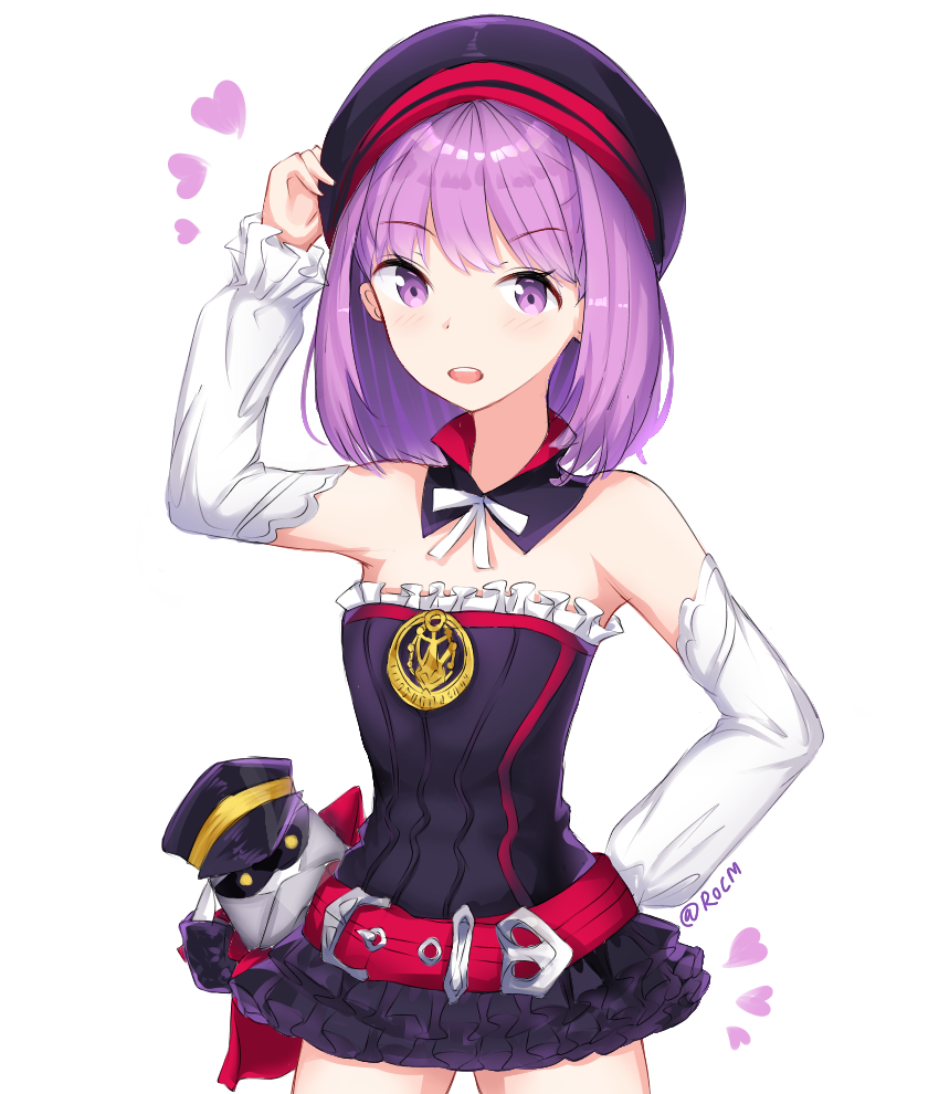 1girl arm_up bangs bare_shoulders belt_buckle beret black_collar black_dress black_hat blush buckle detached_collar detached_sleeves dress eyebrows_visible_through_hair fate/grand_order fate_(series) hand_on_headwear hand_on_hip hat heart helena_blavatsky_(fate/grand_order) long_sleeves looking_at_viewer open_mouth peaked_cap puffy_long_sleeves puffy_sleeves purple_hair red_belt rocm_(nkkf3785) salute simple_background solo strapless strapless_dress tree_of_life twitter_username upper_teeth violet_eyes white_background