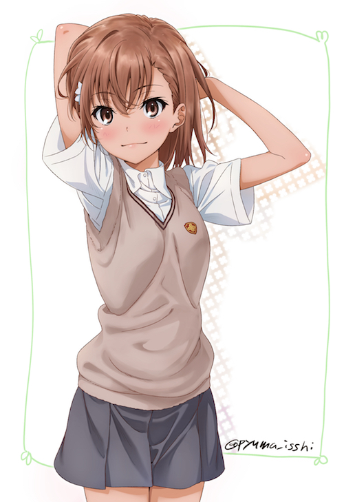 1girl arms_behind_head arms_up brown_eyes brown_hair cowboy_shot eyebrows_visible_through_hair hair_ornament hairpin looking_at_viewer misaka_mikoto pleated_skirt puma_(hyuma1219) short_hair signature simple_background skirt smile solo sweater_vest to_aru_kagaku_no_railgun to_aru_majutsu_no_index tokiwadai_school_uniform