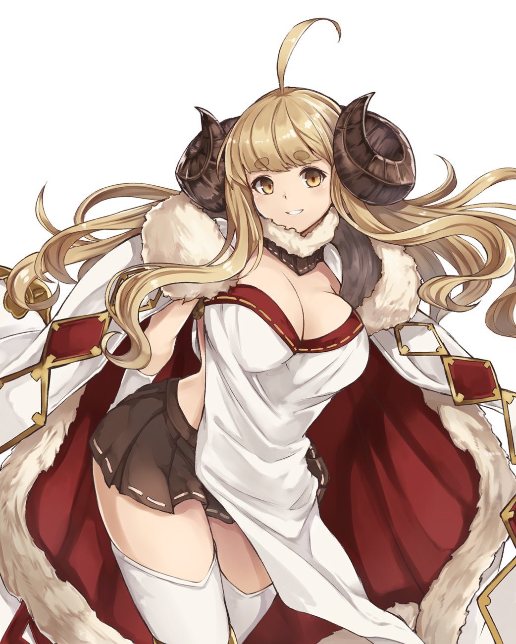 1girl ahoge anila_(granblue_fantasy) bangs black_skirt blonde_hair blunt_bangs breasts cape cleavage cowboy_shot cradle_(2849) detached_collar draph elbow_gloves fur-trimmed_cape fur_trim gloves granblue_fantasy highres horns large_breasts long_hair looking_at_viewer midriff miniskirt pleated_skirt red_cape sheep_horns short_eyebrows skirt smile solo thick_eyebrows thigh-highs wavy_hair white_gloves white_legwear yellow_eyes