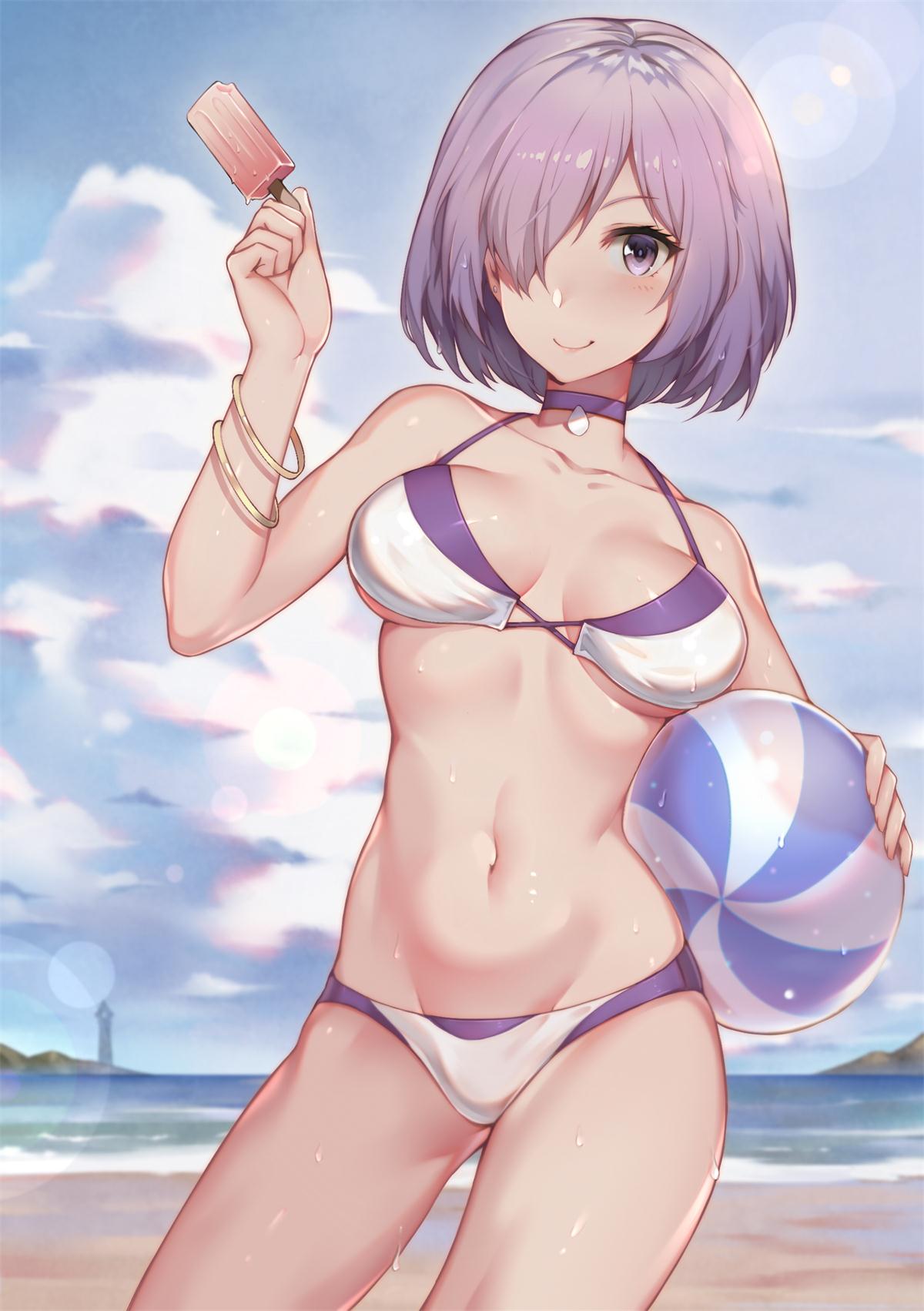 1girl ball beach beachball bikini blue_sky blush bracelet breasts choukoukou_no_diaosi cleavage clouds collarbone cowboy_shot fate/grand_order fate_(series) food groin hair_over_one_eye highres holding holding_ball holding_food ice_cream jewelry lens_flare mash_kyrielight medium_breasts navel outdoors purple_hair shiny shiny_hair shiny_skin short_hair sky smile solo standing swimsuit transparent violet_eyes white_bikini