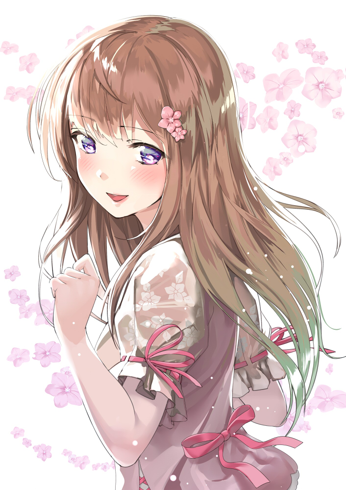 1girl back_bow bangs blush bow brown_hair clenched_hand eyebrows_visible_through_hair floral_background flower frilled_skirt frills hair_flower hair_ornament hand_up kinugasa_yuuichi long_hair looking_back open_mouth original pink_flower pink_ribbon ribbon ribbon-trimmed_sleeves ribbon_trim short_sleeves skirt smile solo upper_body violet_eyes