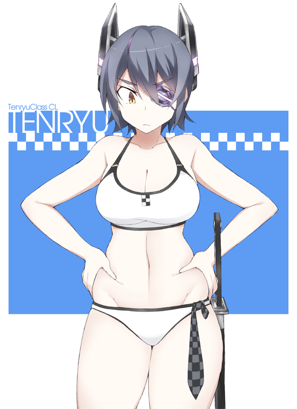 1girl alternate_costume bare_shoulders bikini breasts character_name checkered cleavage collarbone cowboy_shot eyepatch hand_on_hip headgear kantai_collection large_breasts midriff navel purple_hair sheath sheathed short_hair solo souji swimsuit sword tenryuu_(kantai_collection) weapon white_bikini yellow_eyes