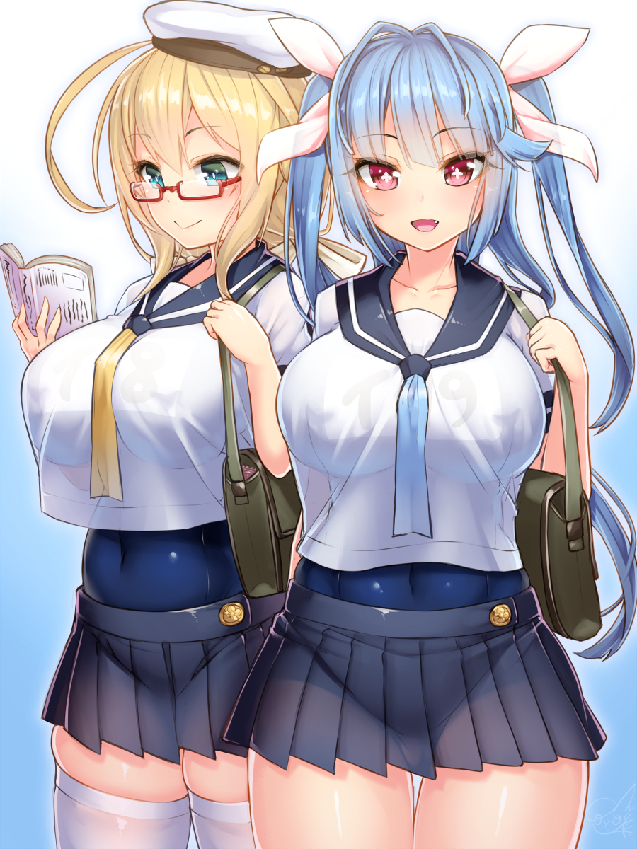 2girls ahoge bag black_skirt blonde_hair blue_background blue_eyes blue_hair blue_swimsuit book breasts covered_navel cowboy_shot doyouwantto eyebrows_visible_through_hair fang glasses gradient gradient_background hair_ribbon hat highres i-19_(kantai_collection) i-8_(kantai_collection) kantai_collection large_breasts long_hair looking_at_viewer low_twintails multiple_girls name_tag neckerchief open_mouth peaked_cap pleated_skirt red_eyes revision ribbon sailor_collar school_bag school_swimsuit school_uniform see-through serafuku skindentation skirt smile star star-shaped_pupils swimsuit swimsuit_under_clothes symbol-shaped_pupils thigh-highs thigh_gap tri_tails twintails white_background white_legwear wide_hips yellow_neckwear