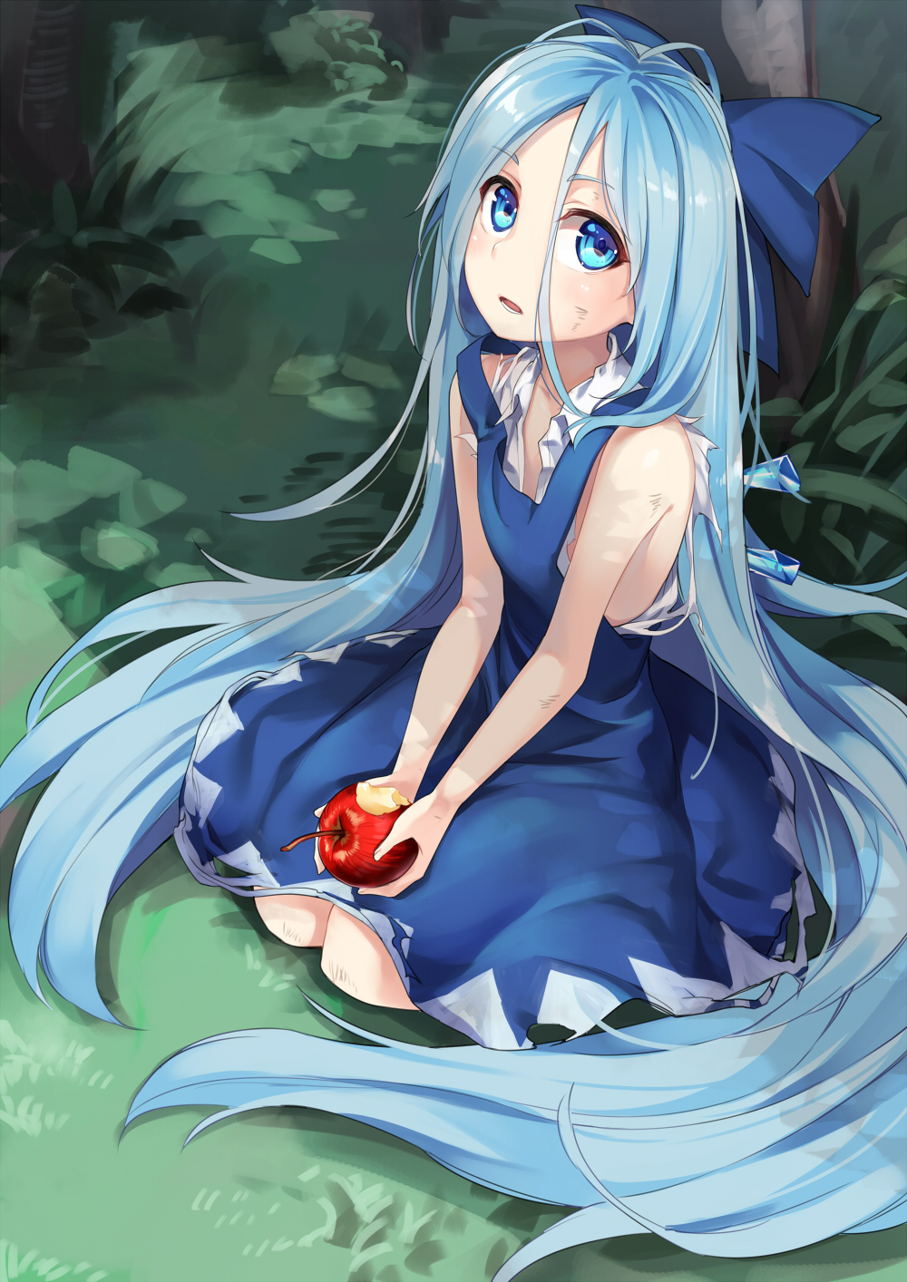 1girl absurdly_long_hair alternate_hair_length alternate_hairstyle apple asutora bare_arms bare_shoulders blue_bow blue_dress bow cirno commentary_request dress eyebrows_visible_through_hair food fruit grass hair_between_eyes hair_bow head_tilt highres holding holding_fruit ice ice_wings long_hair looking_at_viewer looking_up outdoors parted_lips seiza shirt sitting sleeveless sleeveless_dress sleeveless_shirt solo torn_clothes torn_shirt touhou tree very_long_hair white_shirt wing_collar wings