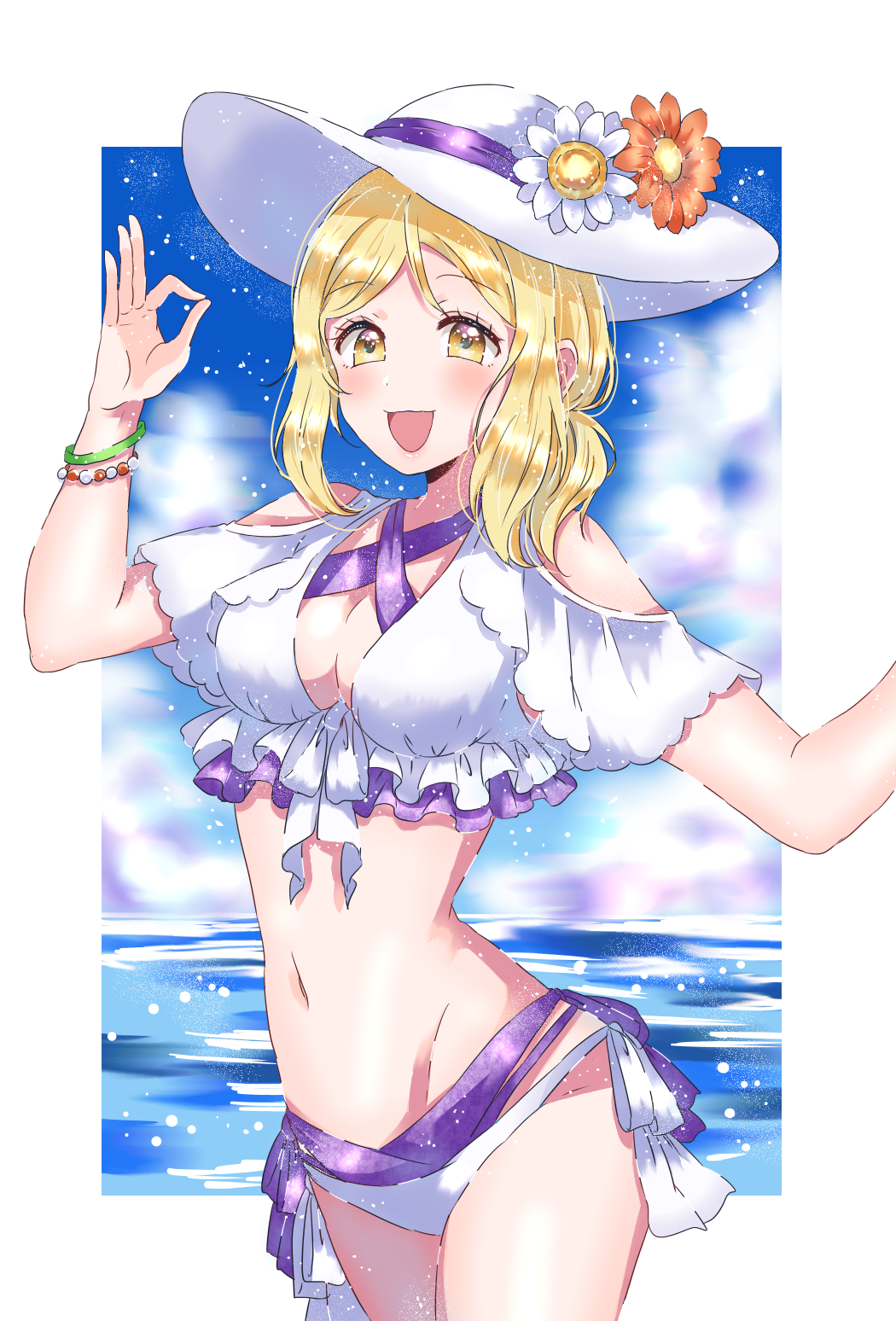 1girl :d bangs blonde_hair blush bracelet breasts cleavage cowboy_shot flower groin halterneck hat hat_flower hat_ribbon highres jewelry kaisou_(0731waka) long_hair looking_at_viewer love_live! love_live!_sunshine!! medium_breasts navel ocean ohara_mari open_mouth orange_flower purple_ribbon ribbon shoulder_cutout smile solo standing sun_hat swept_bangs white_flower white_hat yellow_eyes