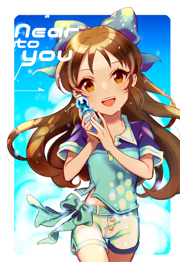1girl :d bangs blue_belt blue_bow blue_shirt border bottle bow breasts brown_eyes brown_hair buttons cheong_ha collared_shirt commentary_request cowboy_shot hair_bow half_updo hands_up head_tilt holding idolmaster idolmaster_cinderella_girls large_bow long_hair looking_at_viewer open_mouth outside_border polo_shirt purple_bow rounded_corners shiny shiny_hair shirt short_shorts short_sleeves shorts side_slit sleeve_cuffs small_breasts smile solo sweat tachibana_arisu thigh_gap walking water_bottle wavy_hair white_border white_shorts wing_collar
