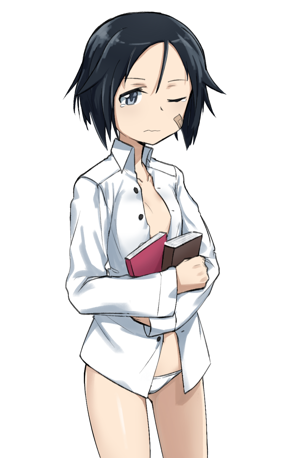 1girl bandaid bandaid_on_face black_eyes black_hair book brave_witches closed_mouth commentary cowboy_shot crotch_seam dress_shirt english_commentary fankupl frown gluteal_fold highres holding holding_book kanno_naoe long_sleeves looking_to_the_side no_pants one_eye_closed open_clothes open_shirt panties shirt short_hair simple_background sleepy solo standing tearing_up underwear wavy_mouth white_background white_panties white_shirt world_witches_series