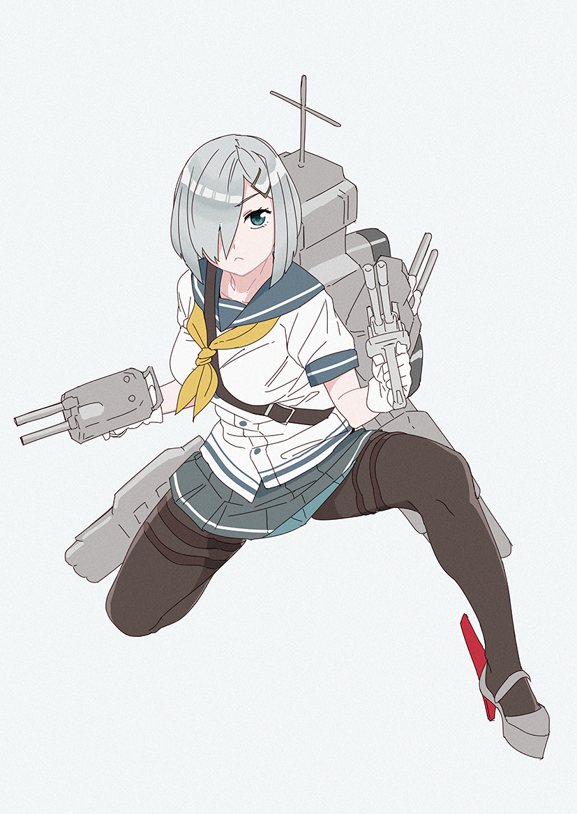 1girl black_legwear blue_eyes cannon fighting_stance gloves grey_background hair_ornament hair_over_one_eye hairclip hamakaze_(kantai_collection) kantai_collection machinery neckerchief ojipon pantyhose pleated_skirt school_uniform serafuku short_hair short_sleeves silver_hair simple_background skirt solo turret white_gloves yellow_neckwear